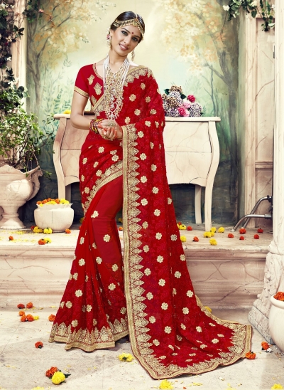 Red Faux  Georgette  Embroidered  Traditional  Saree 7402